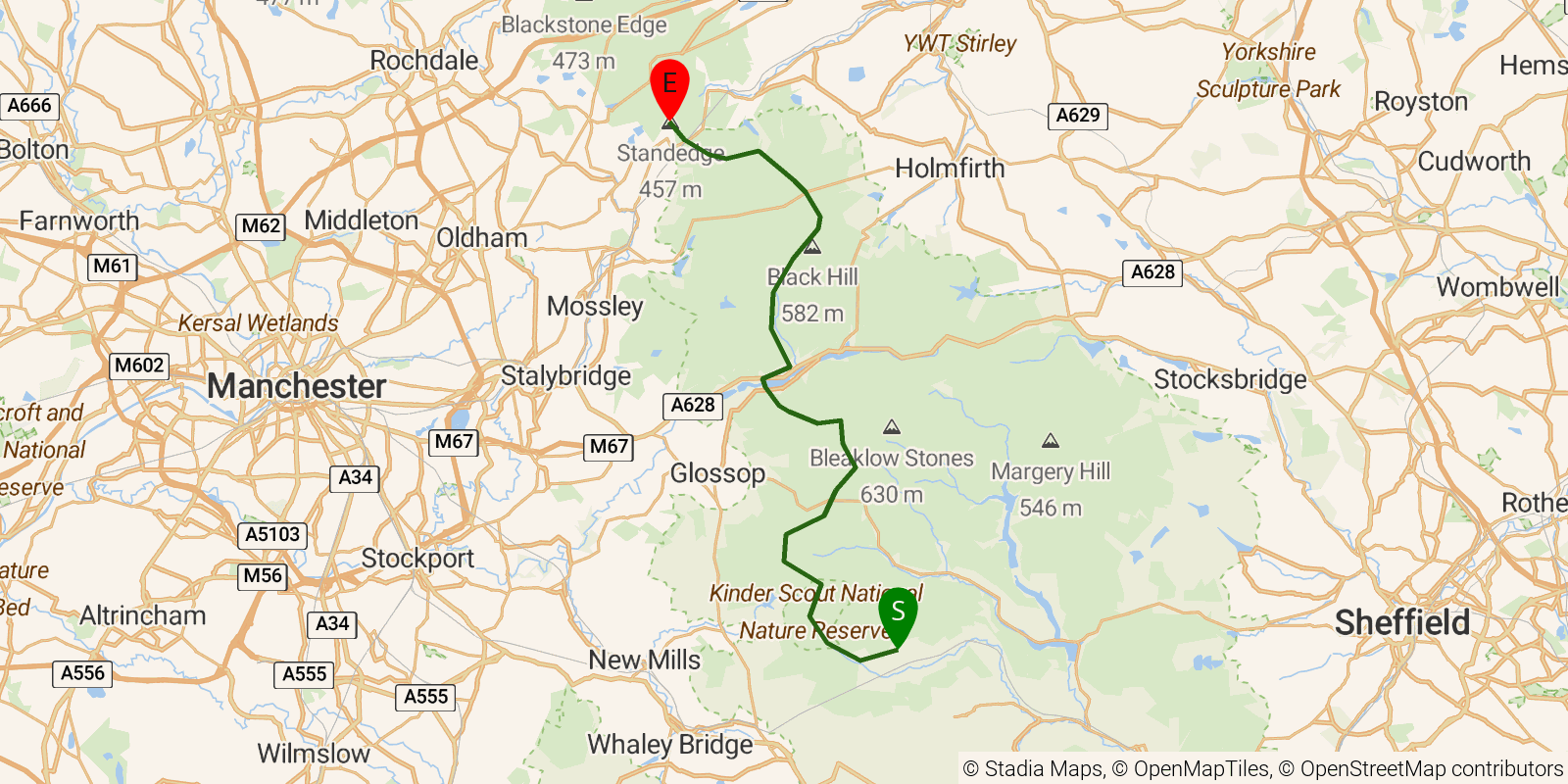 Route map of the Pennine Way — Sections 1–2: Edale to Standedge on OpenStreetMap terrain