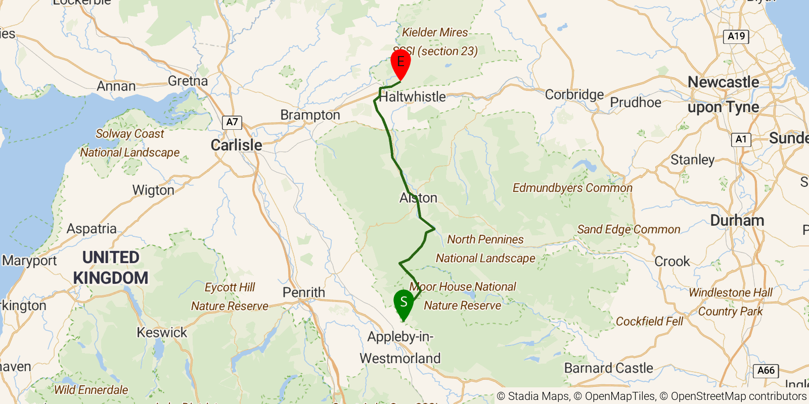 Route map of the Pennine Way — Sections 11–12: Dufton to Greenhead on OpenStreetMap terrain