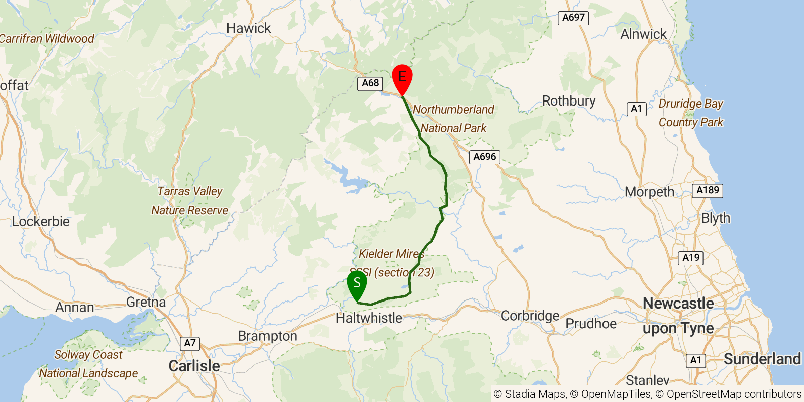 Route map of the Pennine Way — Sections 13–14: Greenhead to Byrness on OpenStreetMap terrain