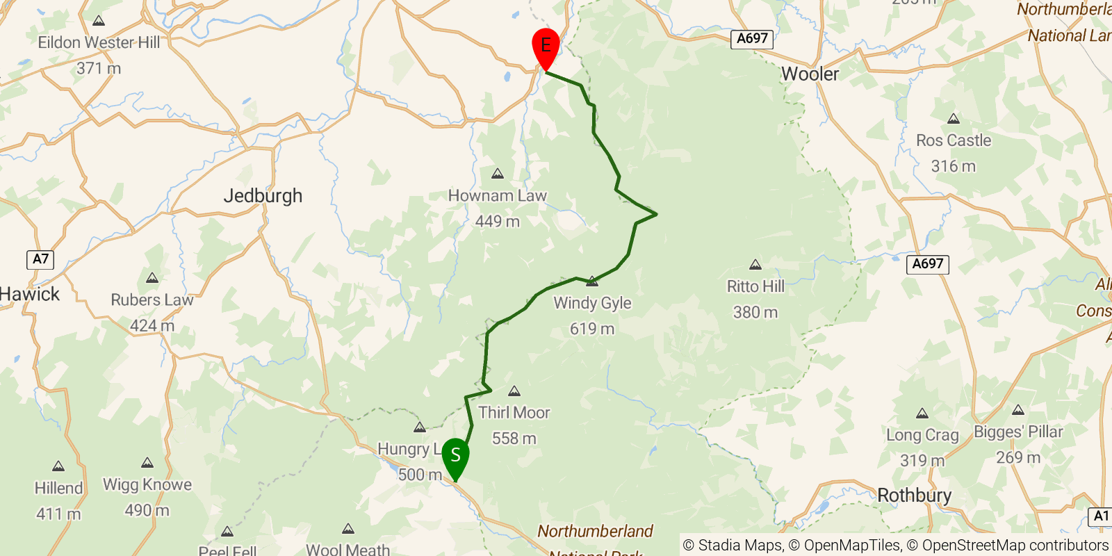 Route map of the Pennine Way — Sections 15–16: Byrness to Kirk Yetholm on OpenStreetMap terrain