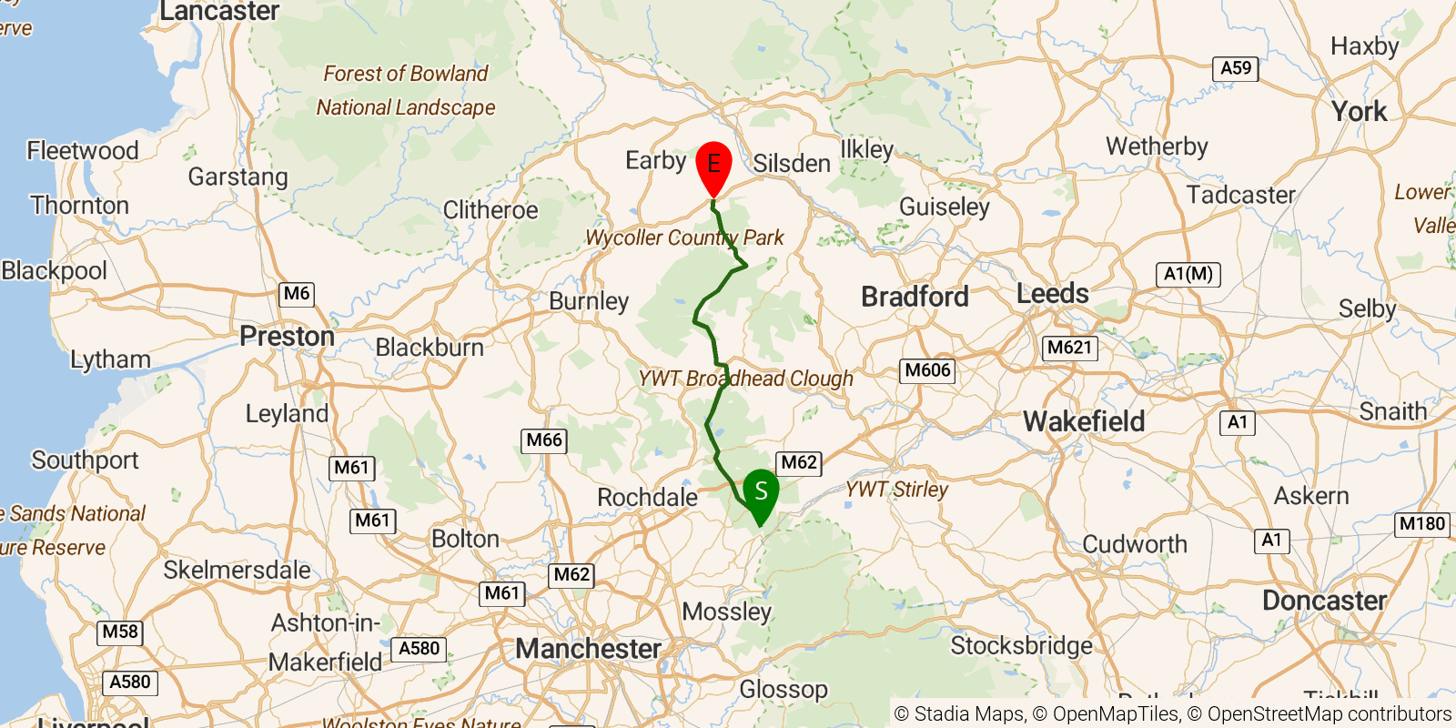 Route map of the Pennine Way — Sections 3–4: Standedge to Ickornshaw on OpenStreetMap terrain