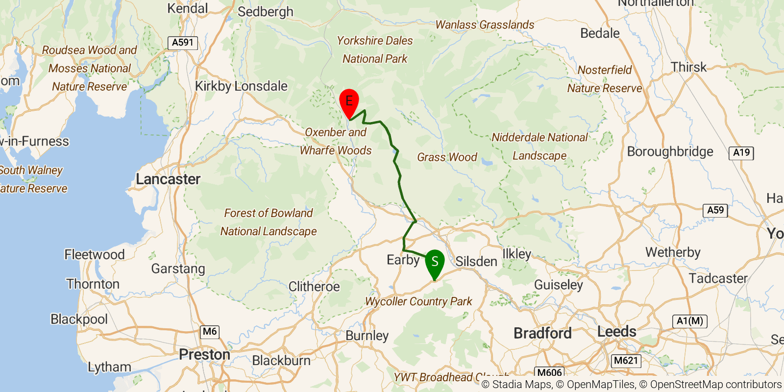 Route map of the Pennine Way — Sections 5–6: Ickornshaw to Horton in Ribblesdale on OpenStreetMap terrain