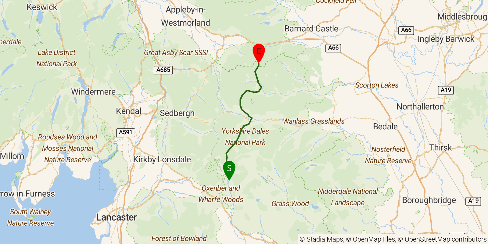 Route map of the Pennine Way — Sections 7–8: Horton in Ribblesdale to Tan Hill on OpenStreetMap terrain