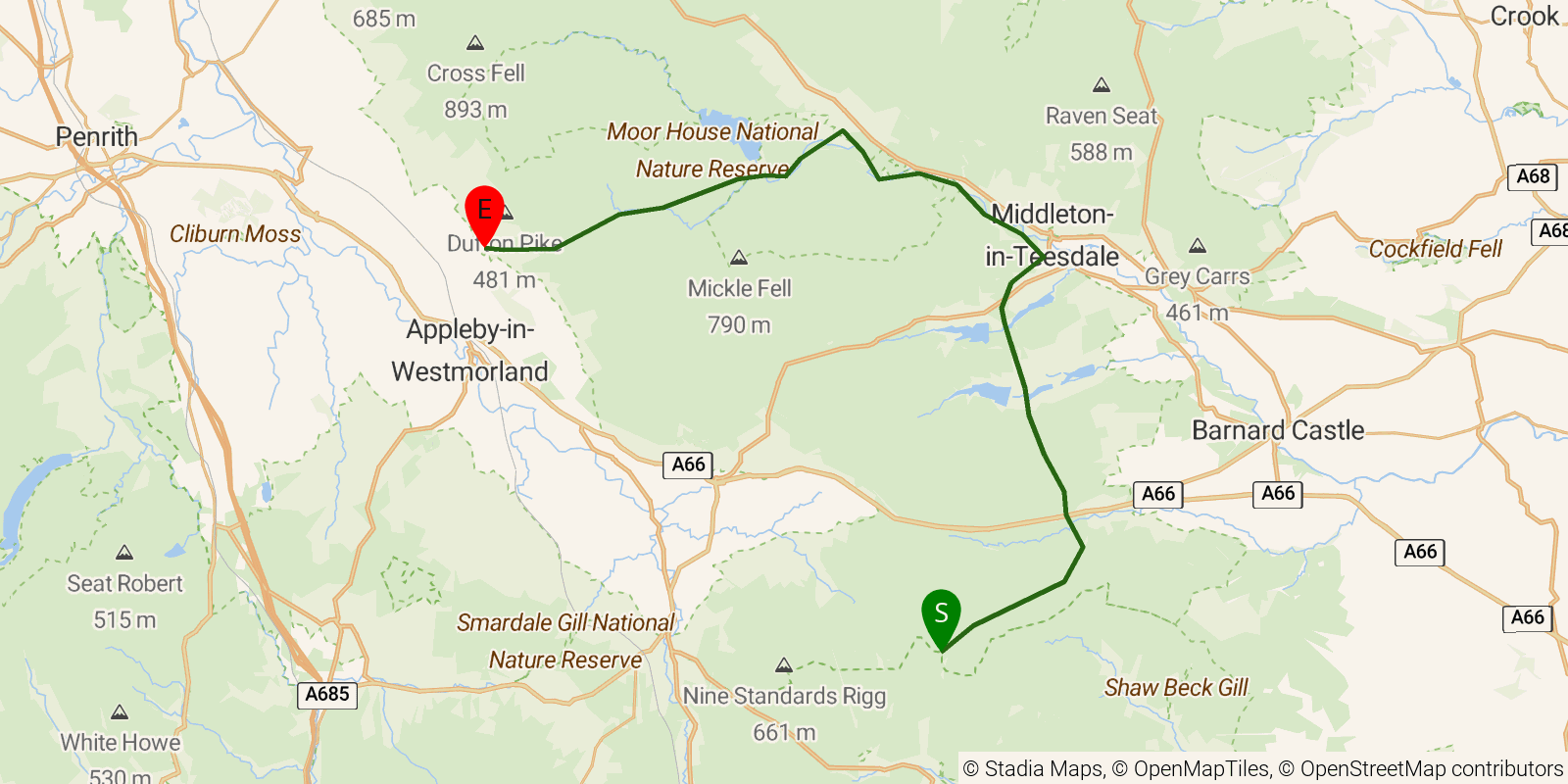 Route map of the Pennine Way — Sections 9–10: Tan Hill to Dufton on OpenStreetMap terrain