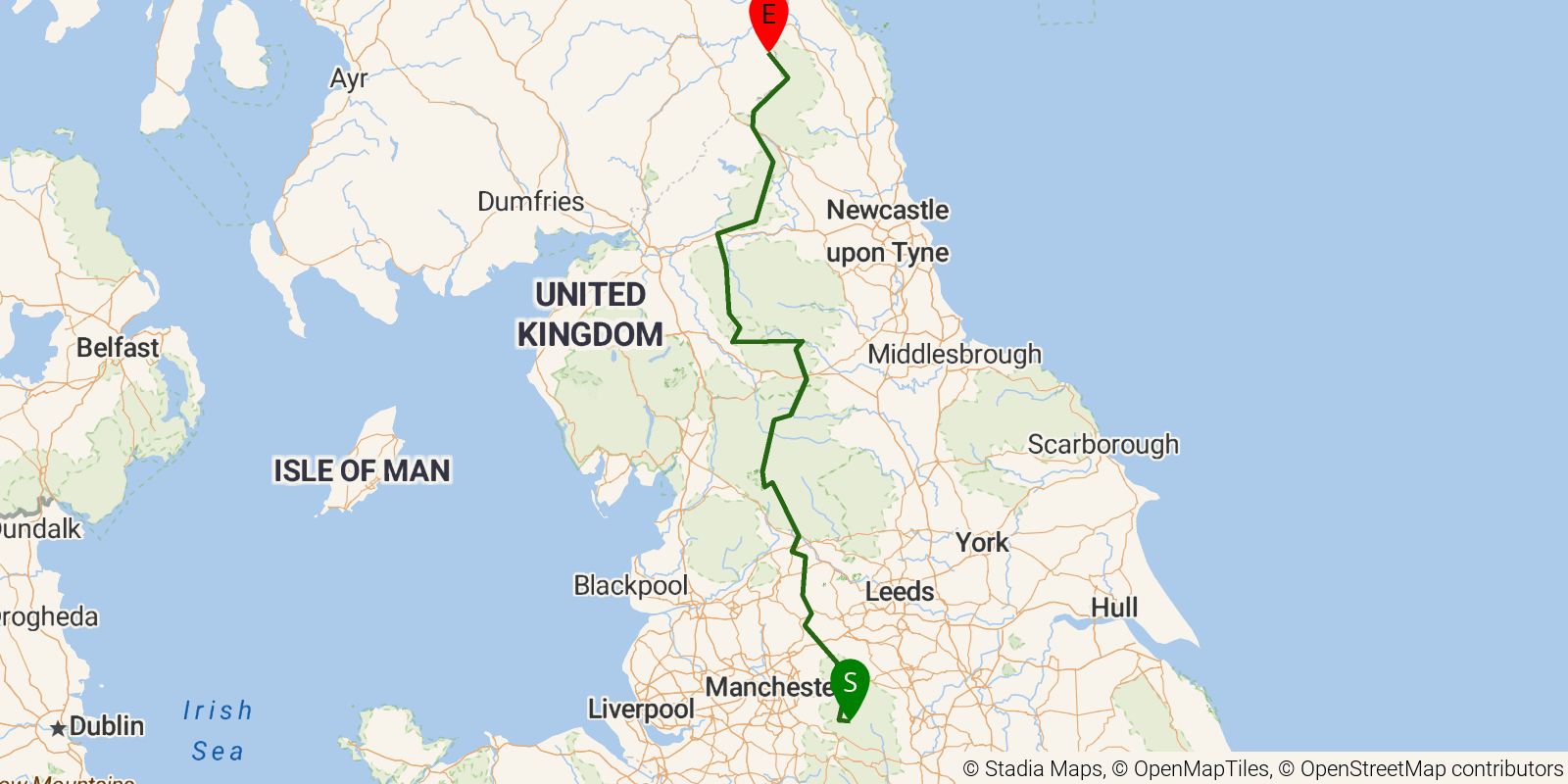 Route map of the Pennine Way on OpenStreetMap terrain