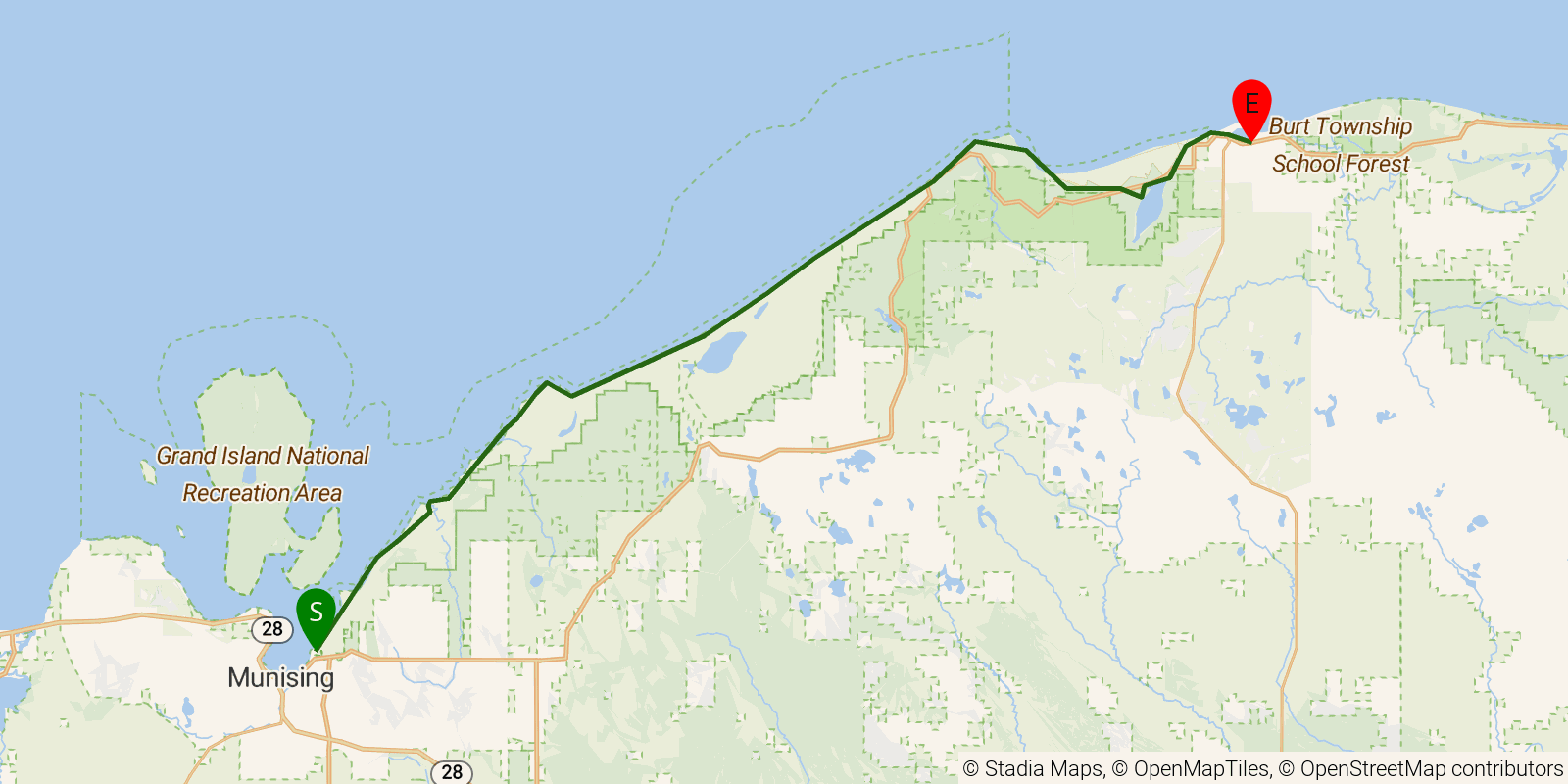 Route map of the Pictured Rocks Lakeshore Trail on OpenStreetMap terrain