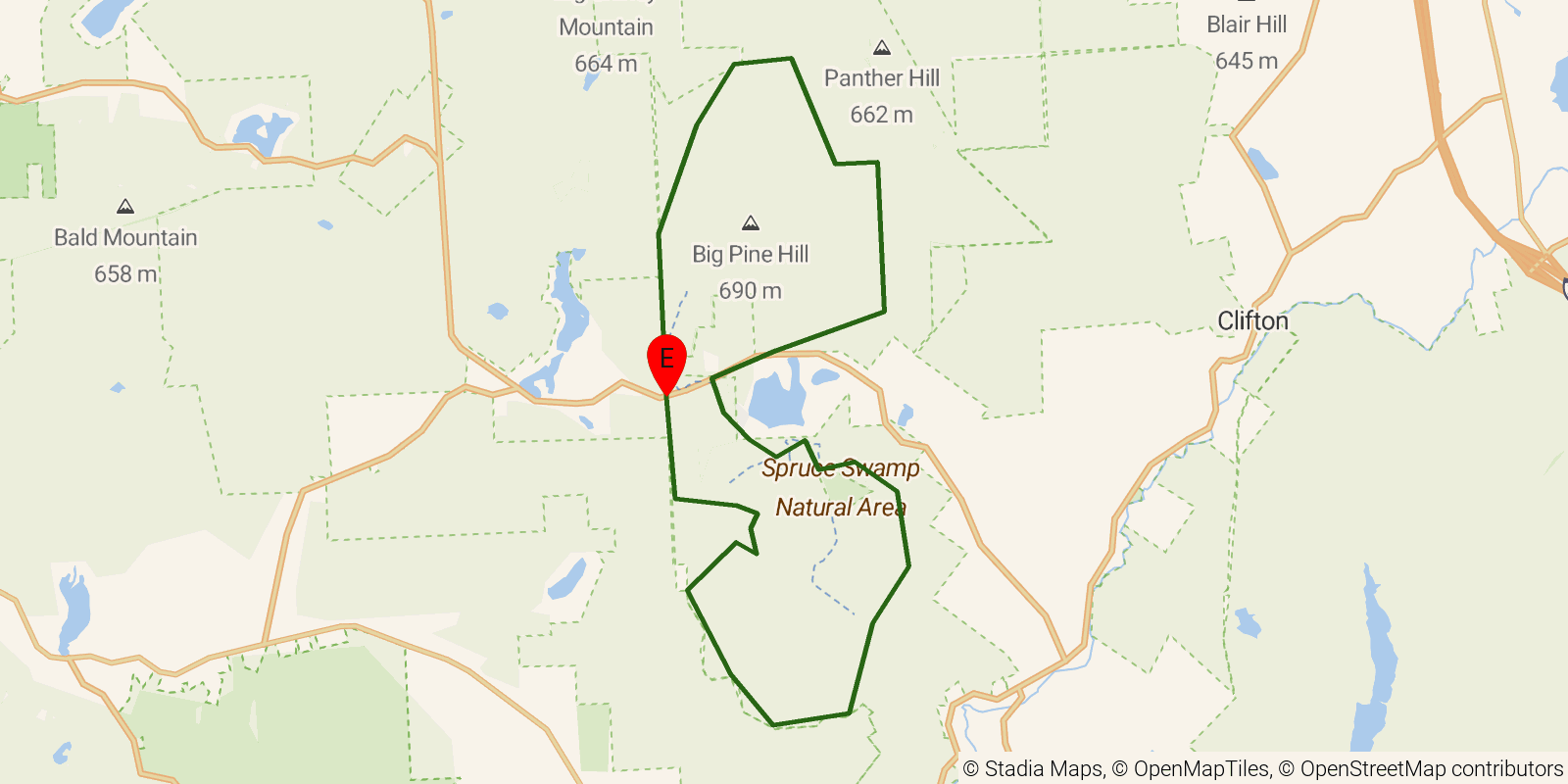 Route map of the Pinchot Trail on OpenStreetMap terrain
