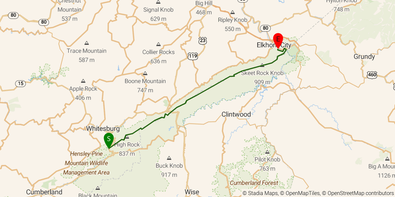 Route map of the Pine Mountain State Scenic Trail on OpenStreetMap terrain