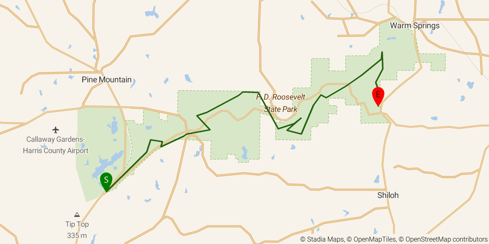 Route map of the Pine Mountain Trail (FDR State Park) on OpenStreetMap terrain