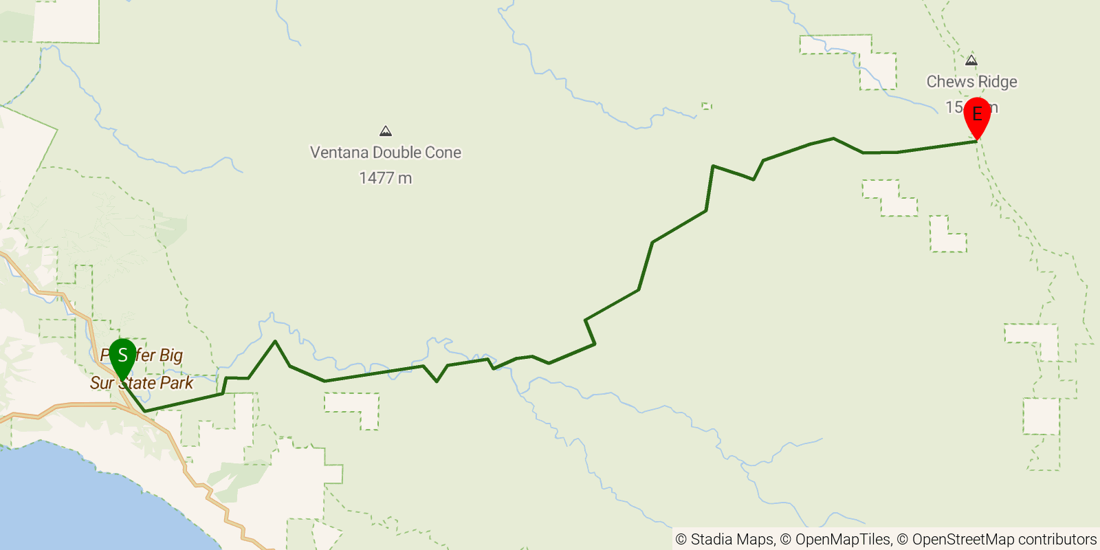 Route map of the Pine Ridge Trail (Big Sur) on OpenStreetMap terrain