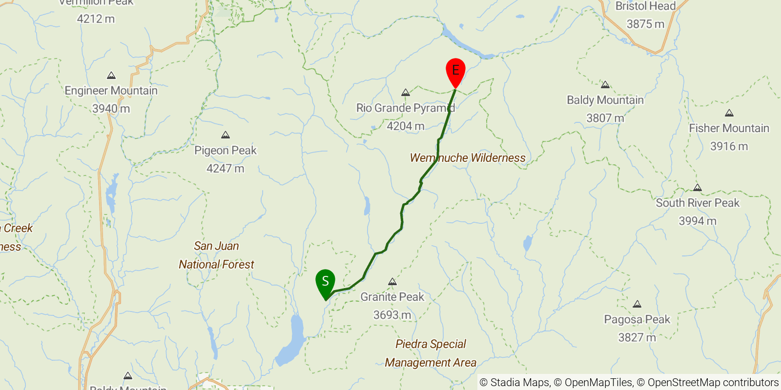 Route map of the Pine River Trail on OpenStreetMap terrain