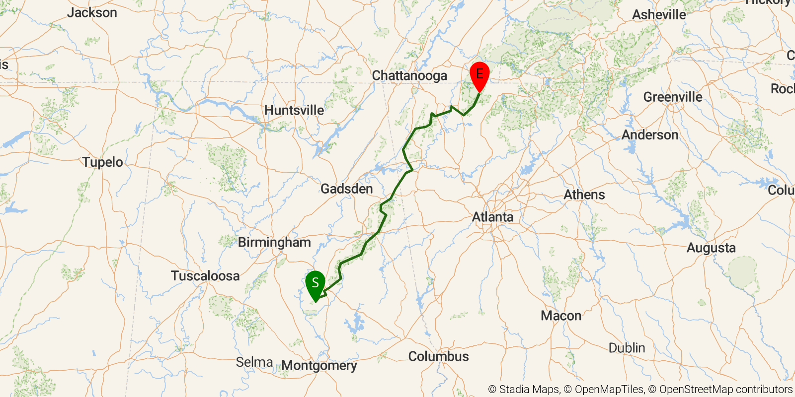 Route map of the Pinhoti Trail on OpenStreetMap terrain