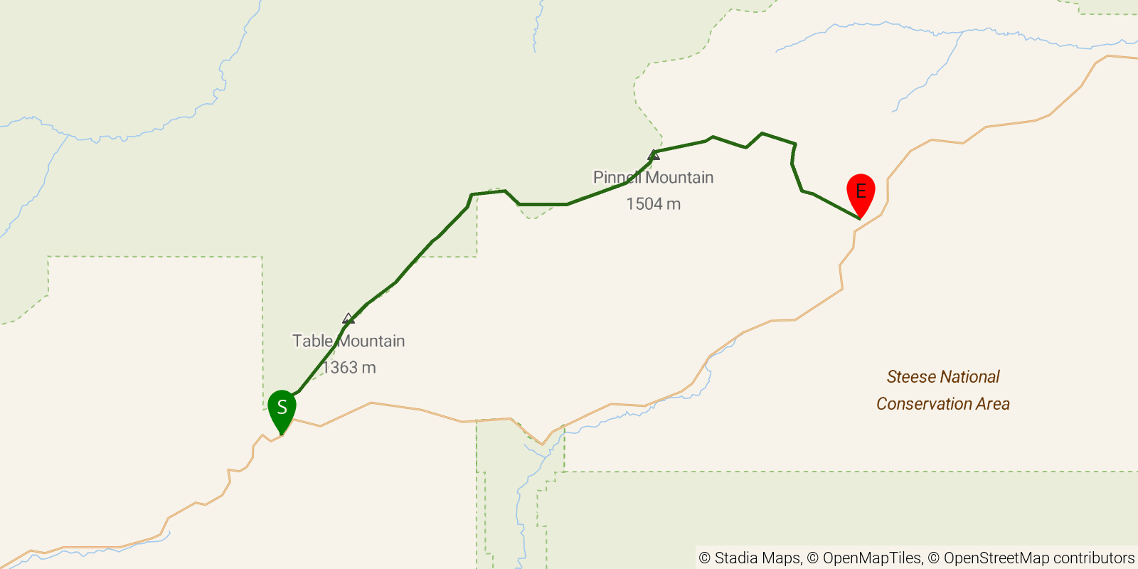 Route map of the Pinnell Mountain Trail on OpenStreetMap terrain