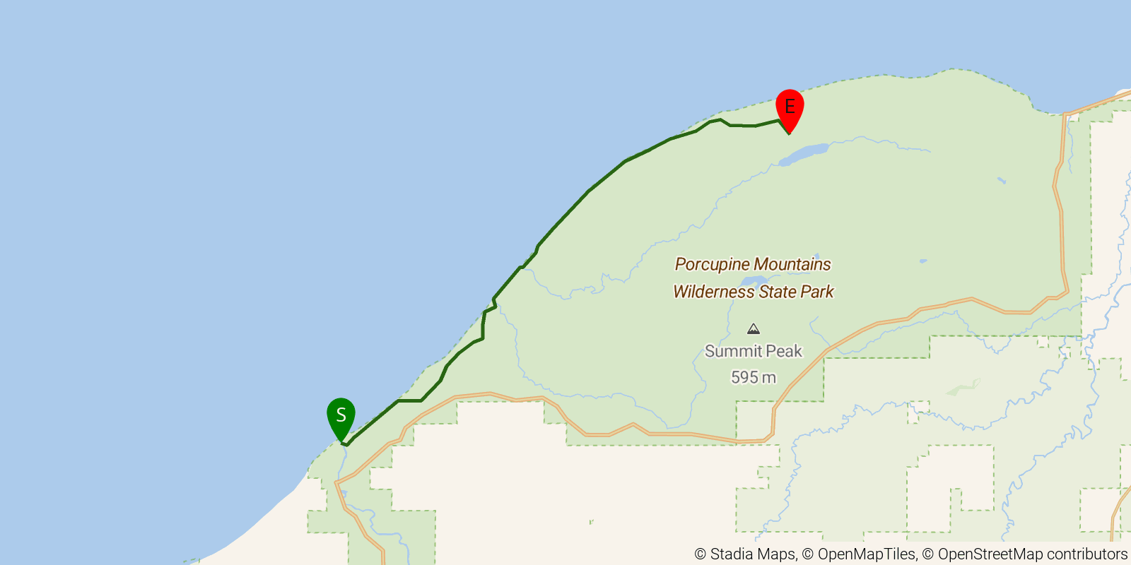 Route map of the Porcupine Mountains Lake Superior Trail on OpenStreetMap terrain