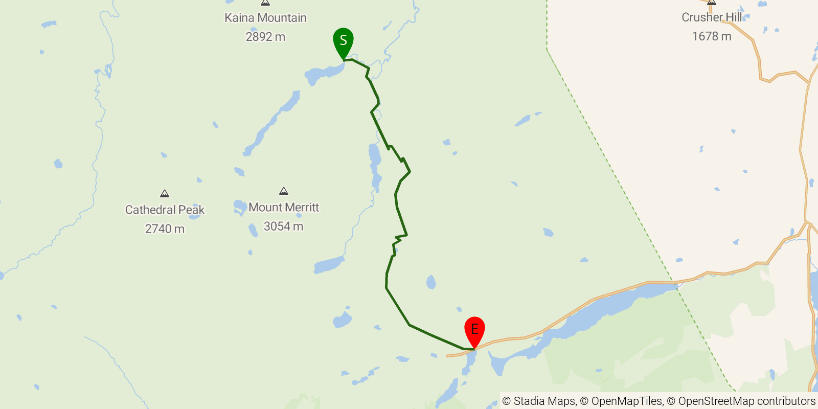 Route map of the Ptarmigan Tunnel / Elizabeth Lake on OpenStreetMap terrain