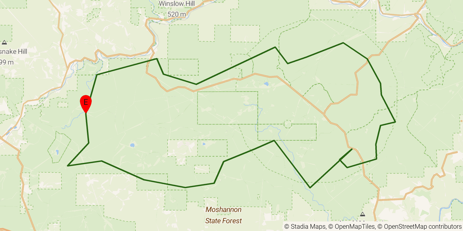 Route map of the Quehanna Trail on OpenStreetMap terrain