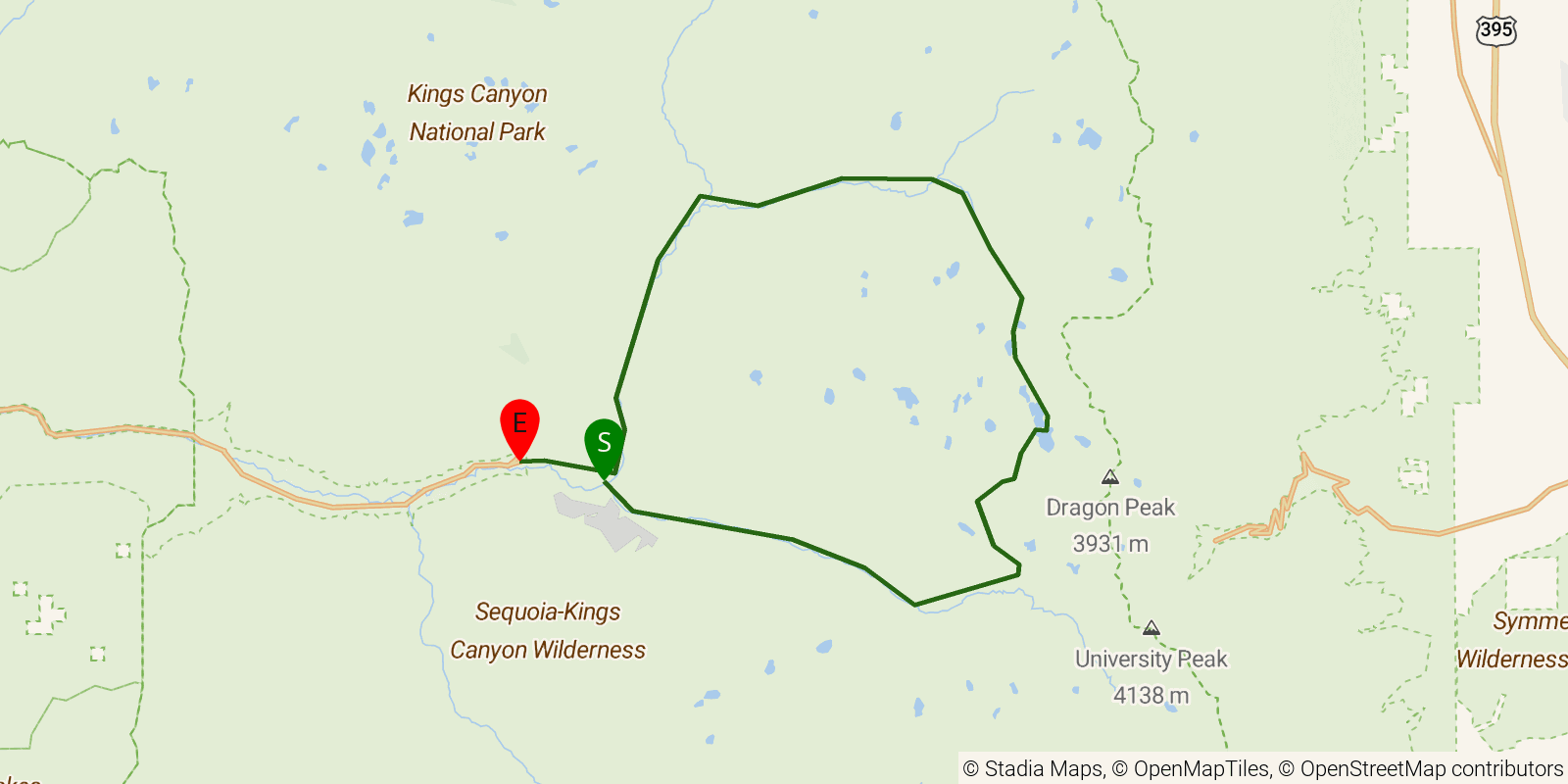 Route map of the Rae Lakes Loop on OpenStreetMap terrain