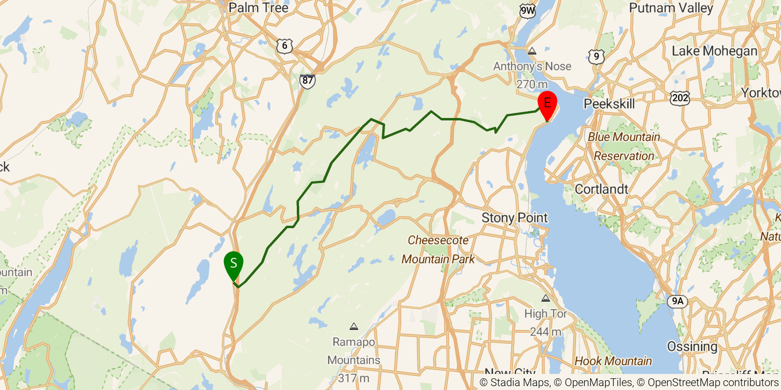 Route map of the Ramapo–Dunderberg Trail on OpenStreetMap terrain
