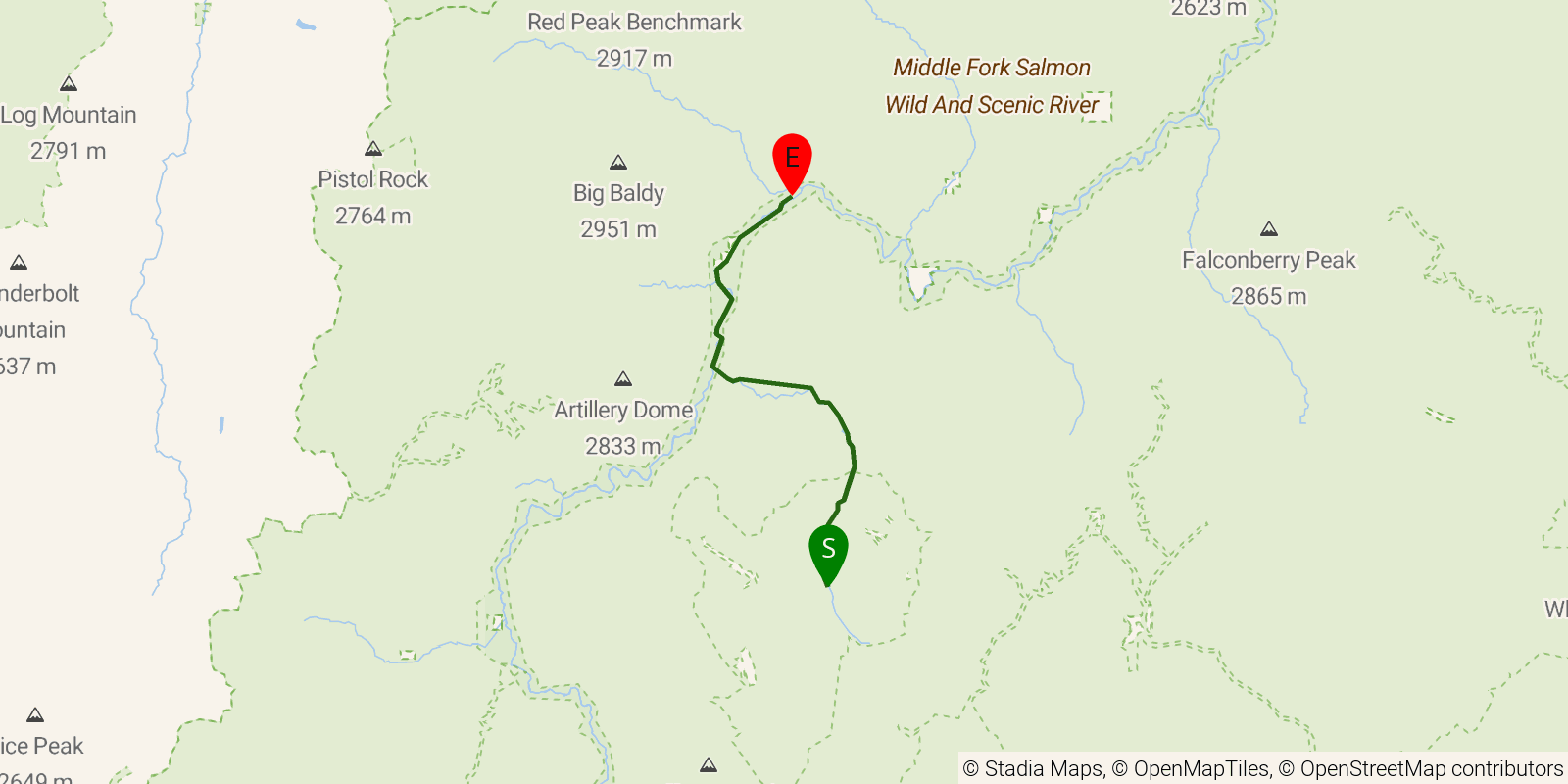 Route map of the Rapid River Trail on OpenStreetMap terrain
