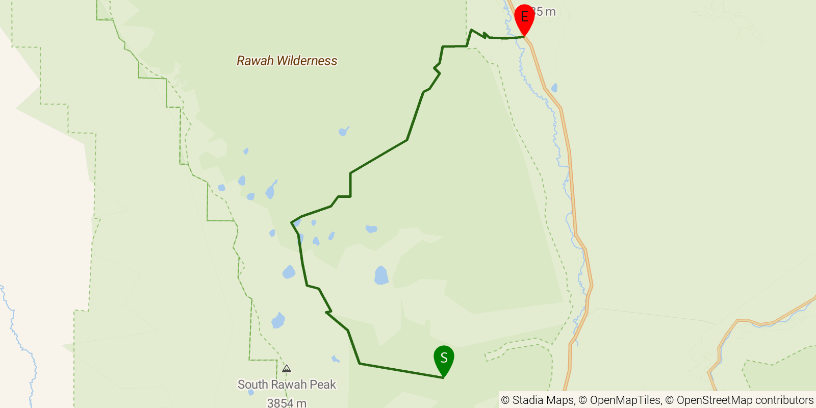 Route map of the Rawah Trail on OpenStreetMap terrain