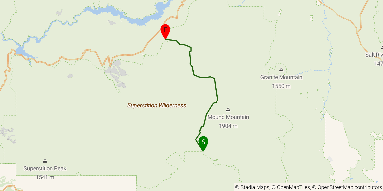 Route map of the Reavis Ranch Trail on OpenStreetMap terrain