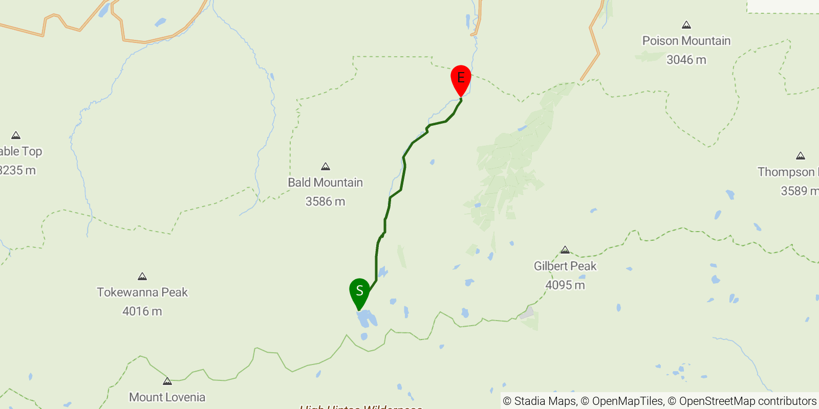 Route map of the Red Castle Lakes via East Fork Smiths Fork on OpenStreetMap terrain
