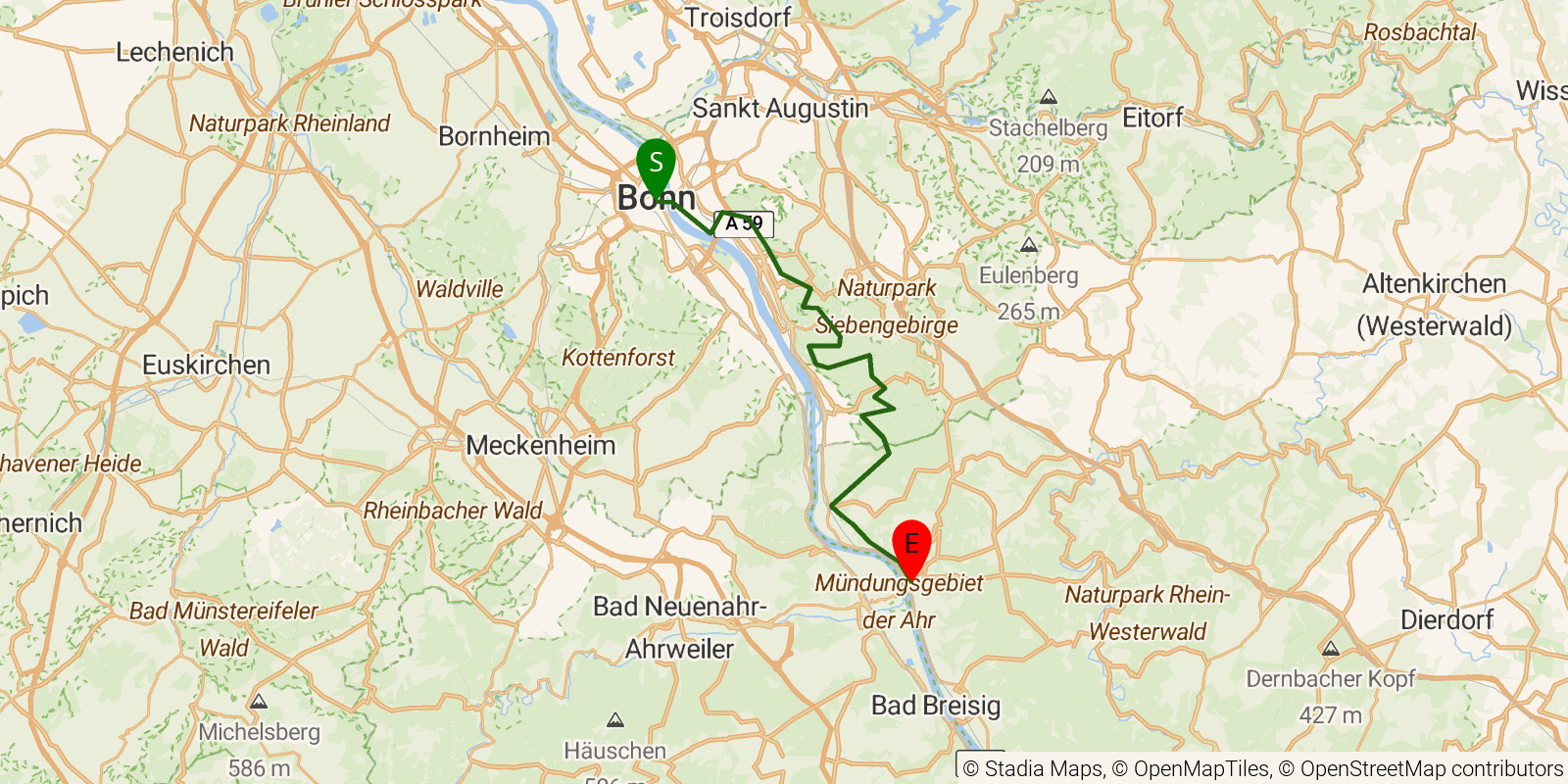 Route map of the Rheinsteig — Stages 1–3: Bonn to Linz on OpenStreetMap terrain