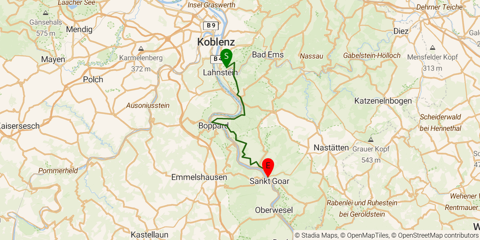 Route map of the Rheinsteig — Stages 11–14: Niederlahnstein to St. Goarshausen on OpenStreetMap terrain