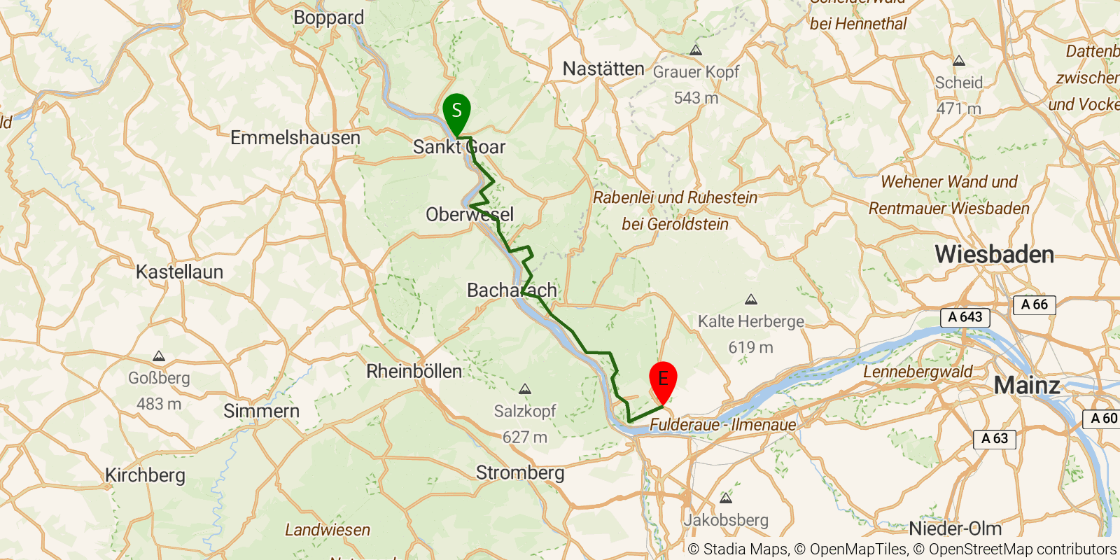 Route map of the Rheinsteig — Stages 15–17: St. Goarshausen to Rüdesheim on OpenStreetMap terrain