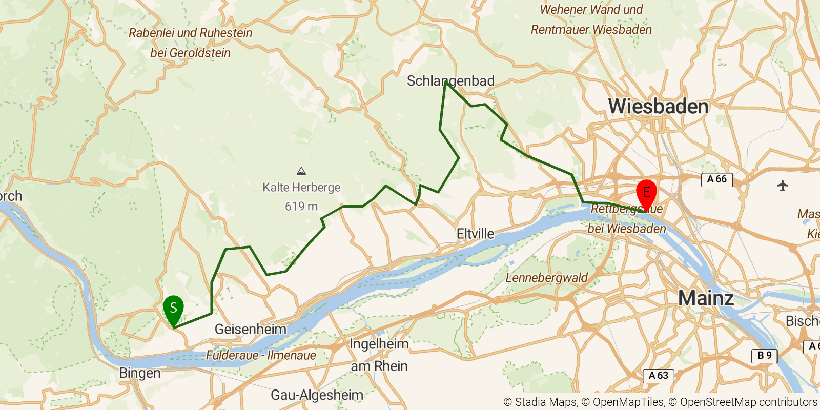 Route map of the Rheinsteig — Stages 18–21: Rüdesheim to Wiesbaden-Biebrich on OpenStreetMap terrain