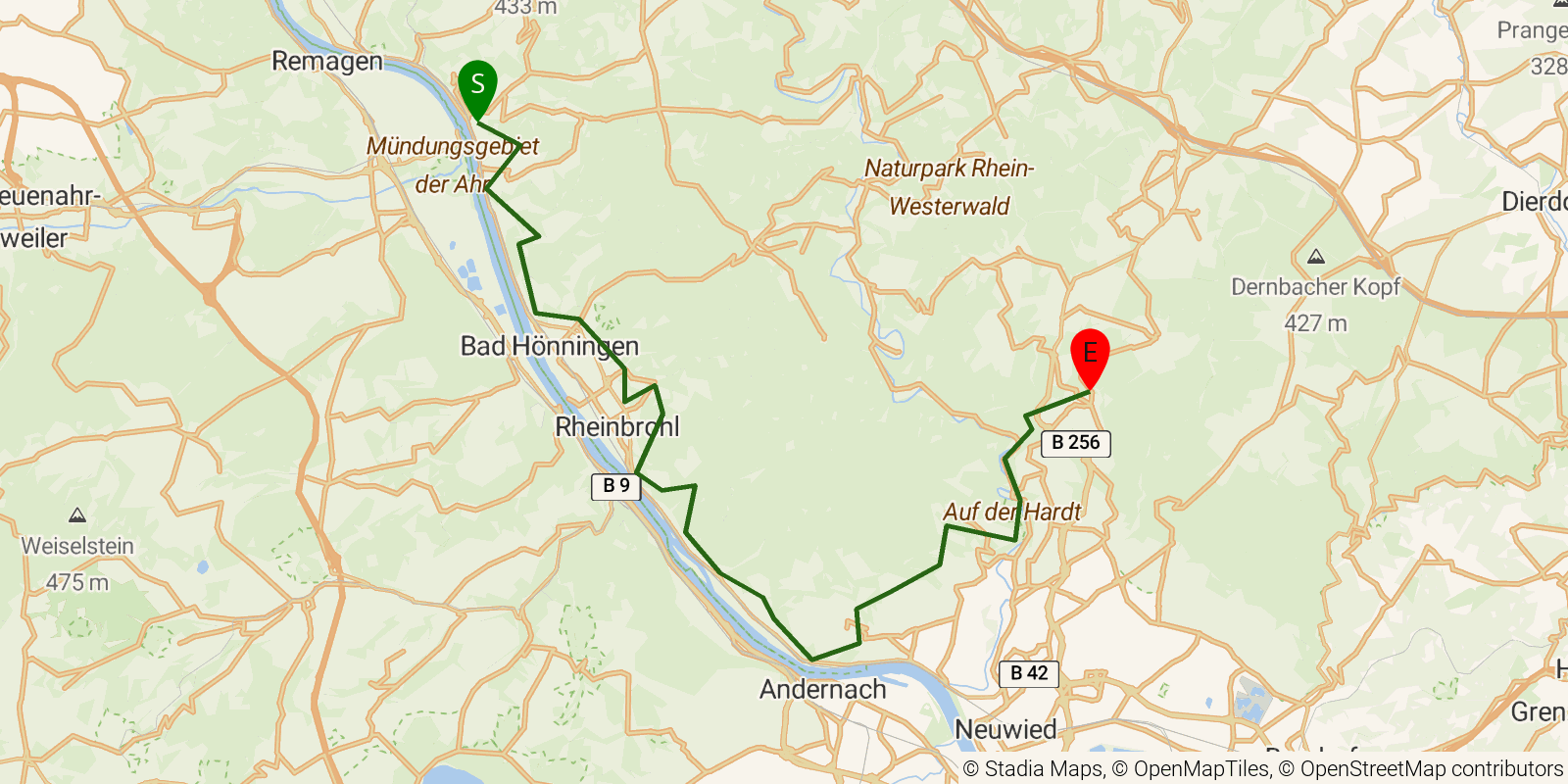 Route map of the Rheinsteig — Stages 4–6: Linz to Rengsdorf on OpenStreetMap terrain