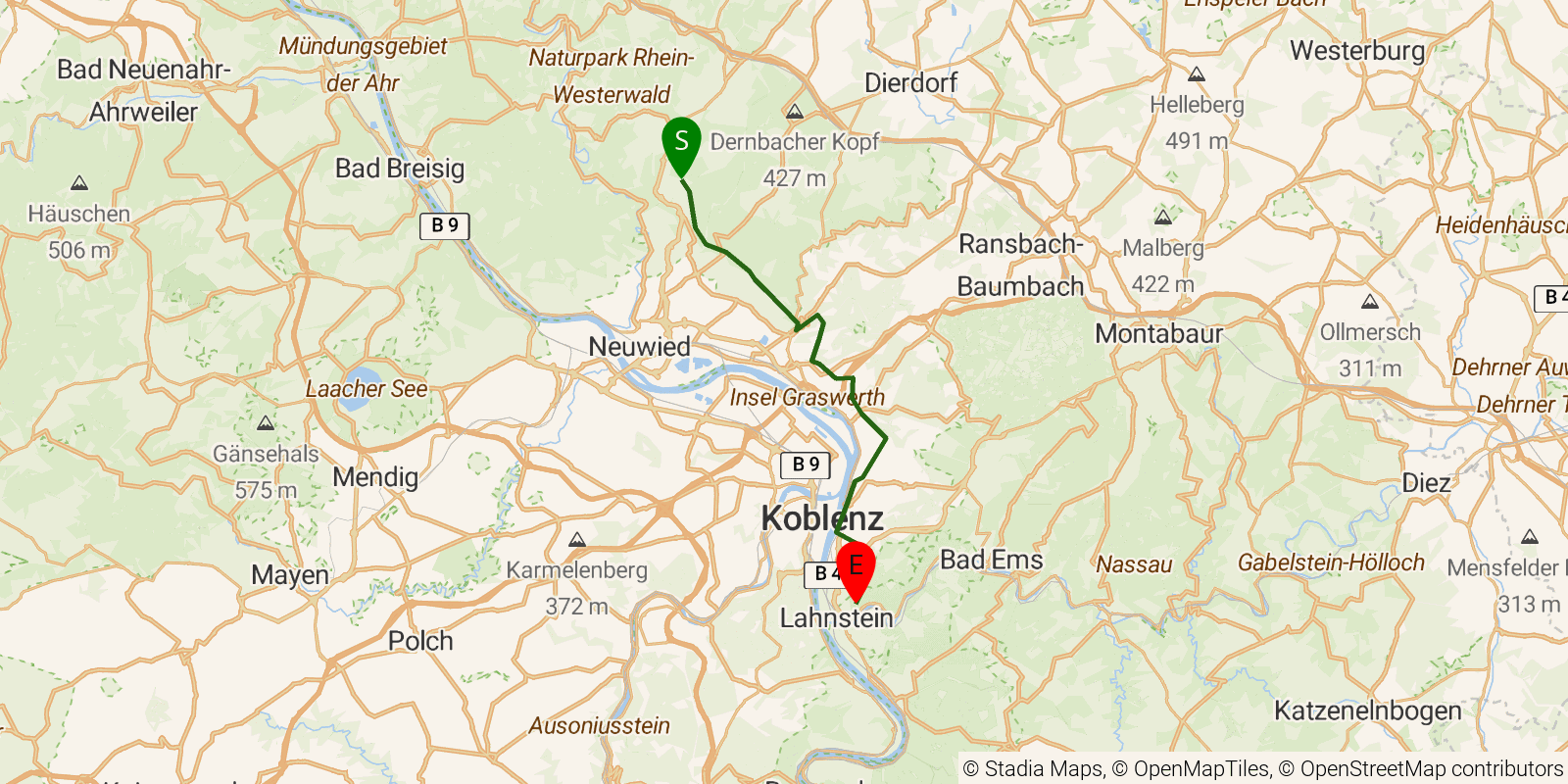 Route map of the Rheinsteig — Stages 7–10: Rengsdorf to Niederlahnstein on OpenStreetMap terrain