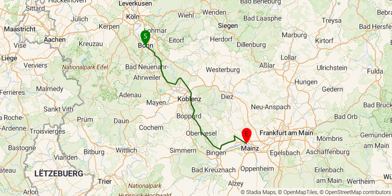 Route map of the Rheinsteig on OpenStreetMap terrain