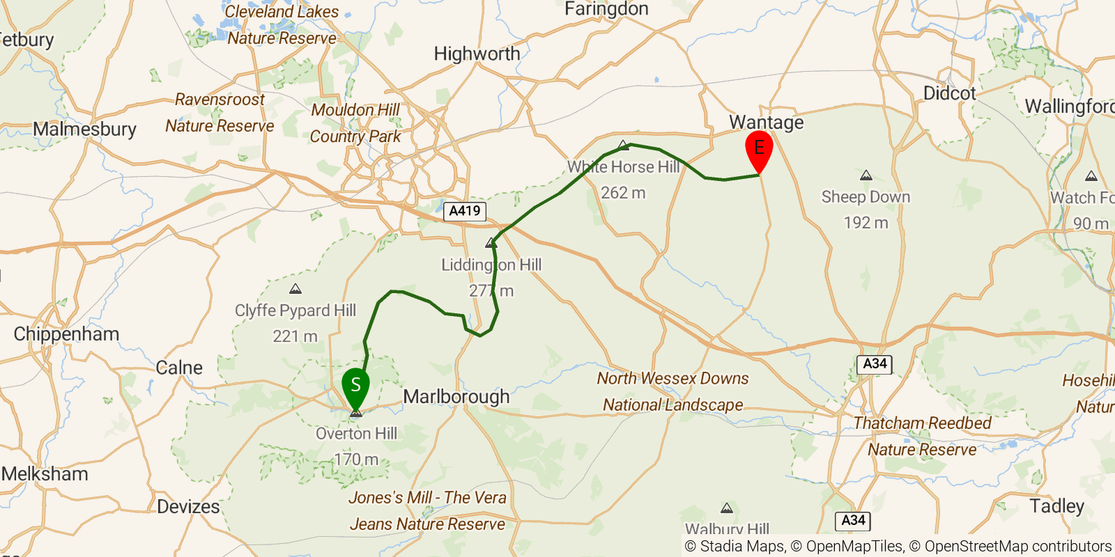 Route map of the The Ridgeway — Sections 1–2: Overton Hill to Wantage on OpenStreetMap terrain
