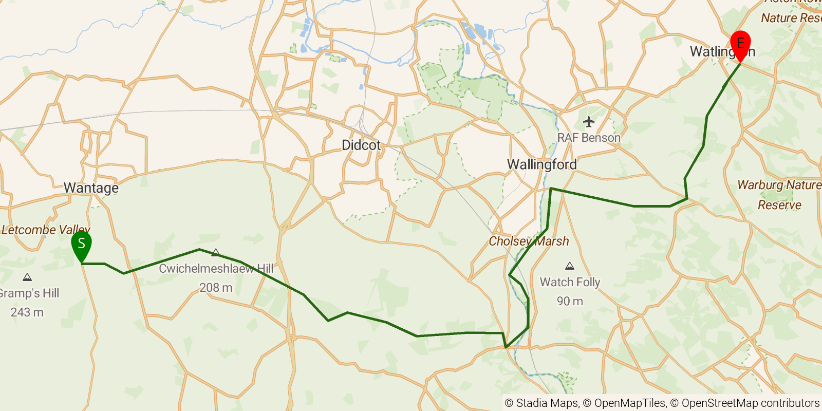 Route map of the The Ridgeway — Sections 3–4: Wantage to Watlington on OpenStreetMap terrain