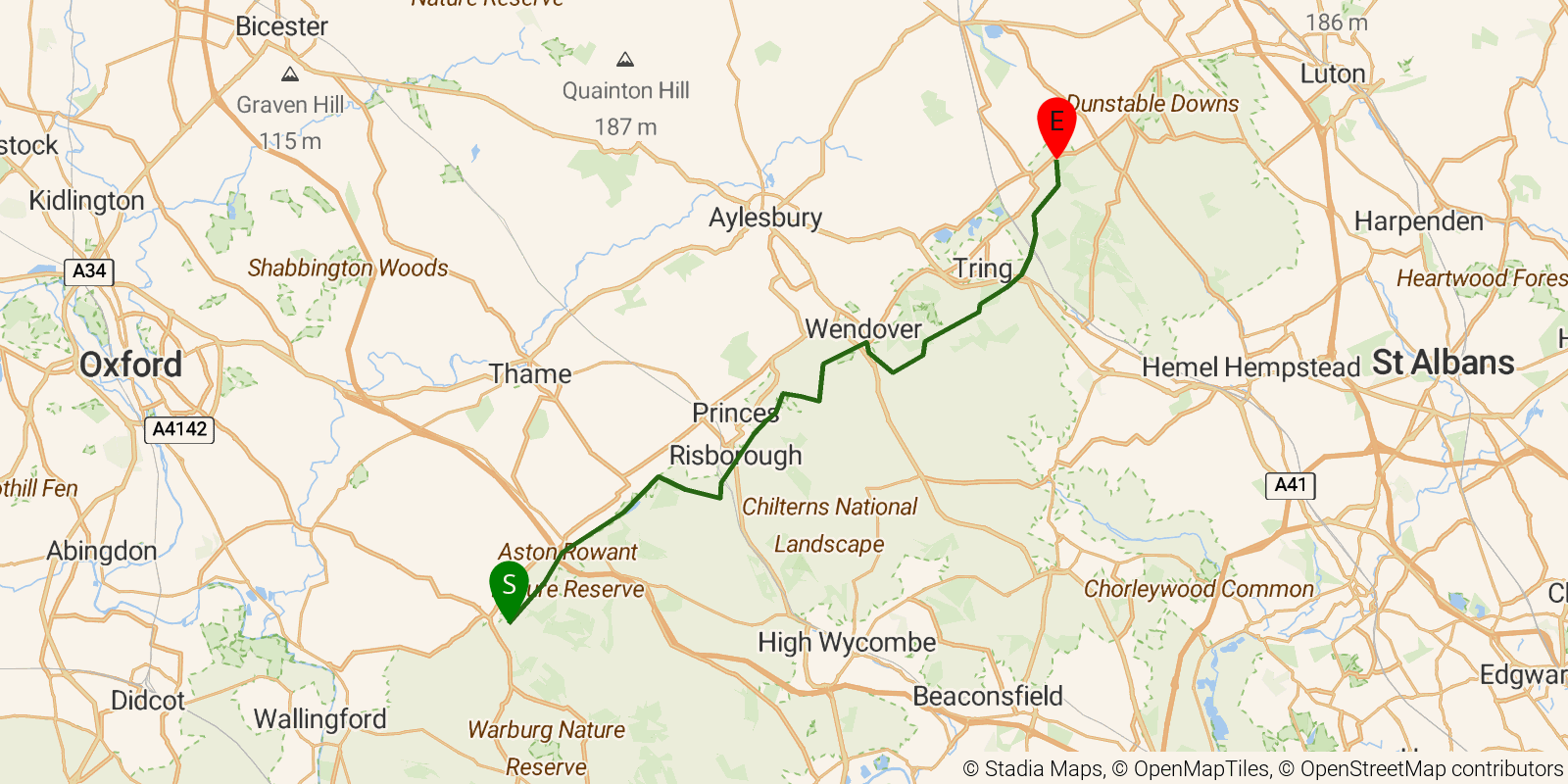 Route map of the The Ridgeway — Sections 5–6: Watlington to Ivinghoe Beacon on OpenStreetMap terrain