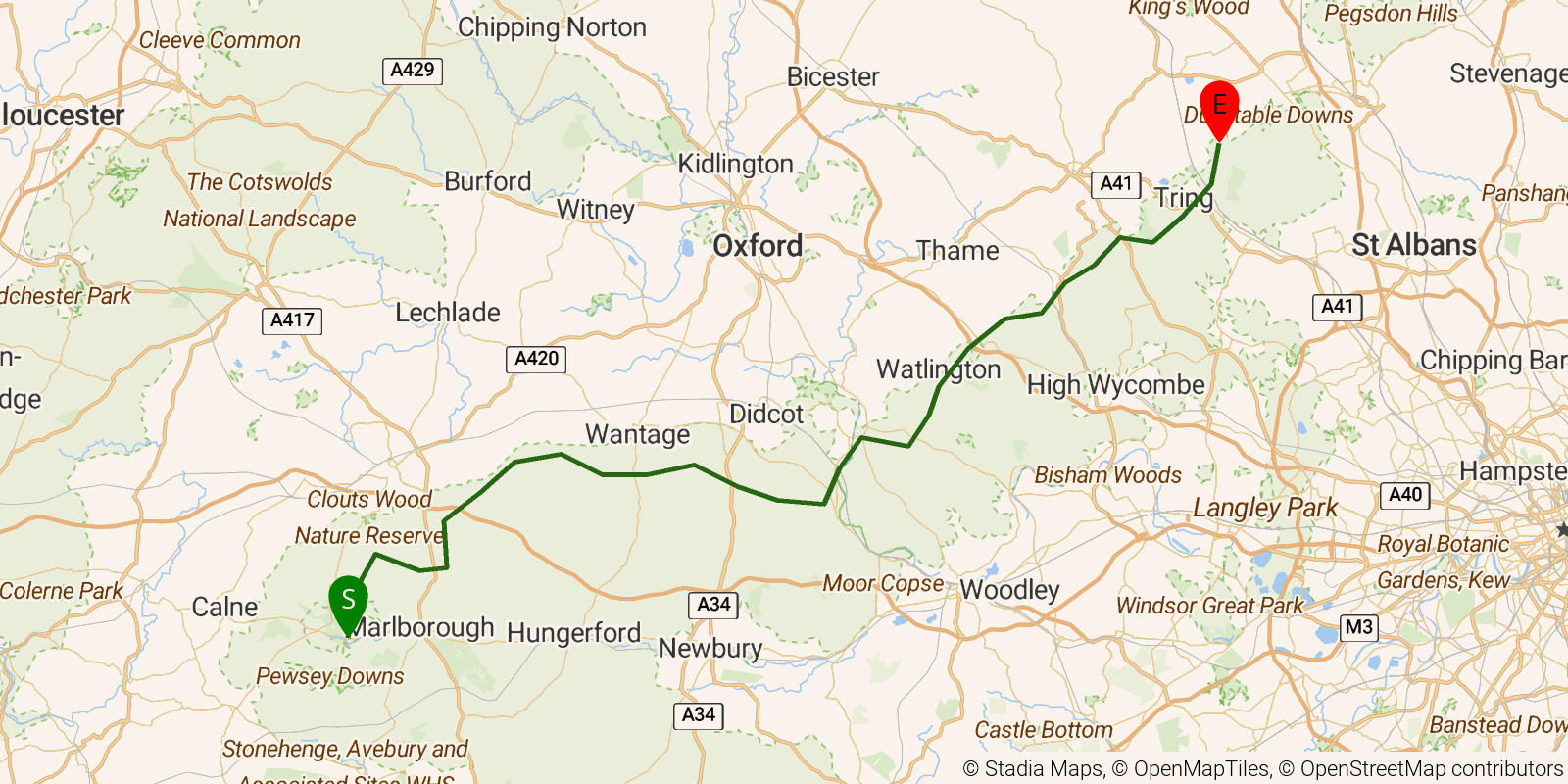 Route map of the The Ridgeway on OpenStreetMap terrain