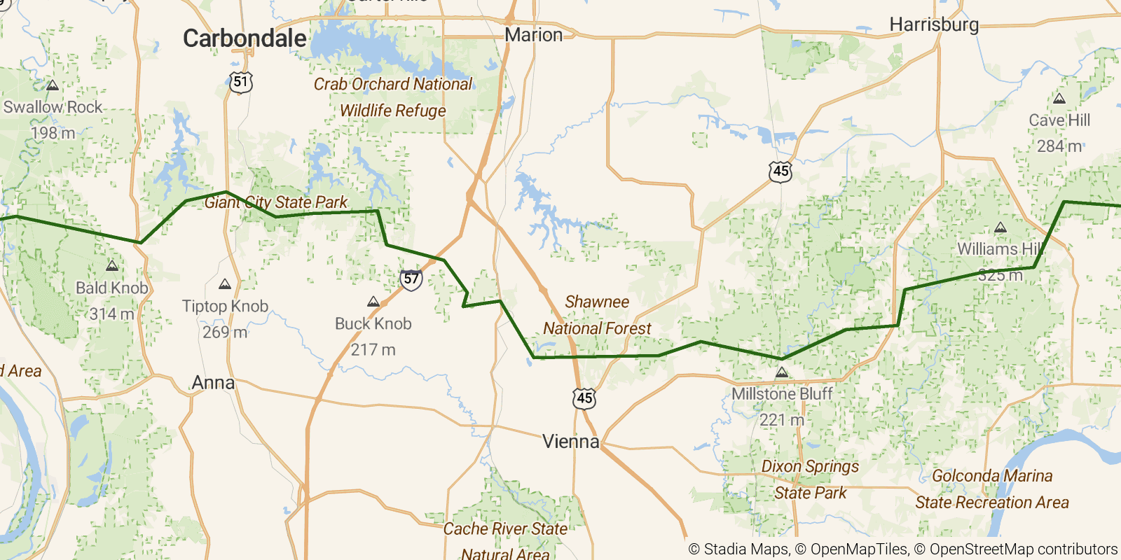 Route map of the River to River Trail on OpenStreetMap terrain