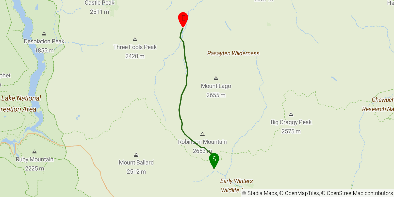 Route map of the Robinson Creek Trail on OpenStreetMap terrain