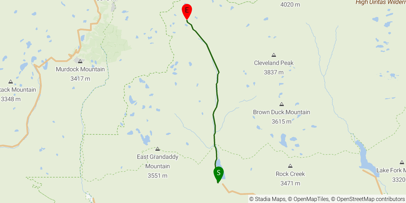 Route map of the Upper Rock Creek Basin via Rock Creek Trail on OpenStreetMap terrain