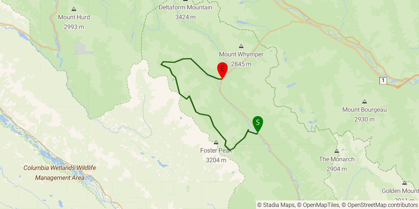 Route map of the Rockwall Trail on OpenStreetMap terrain