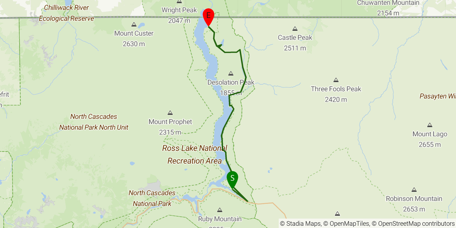 Route map of the Ross Lake East Bank Trail on OpenStreetMap terrain