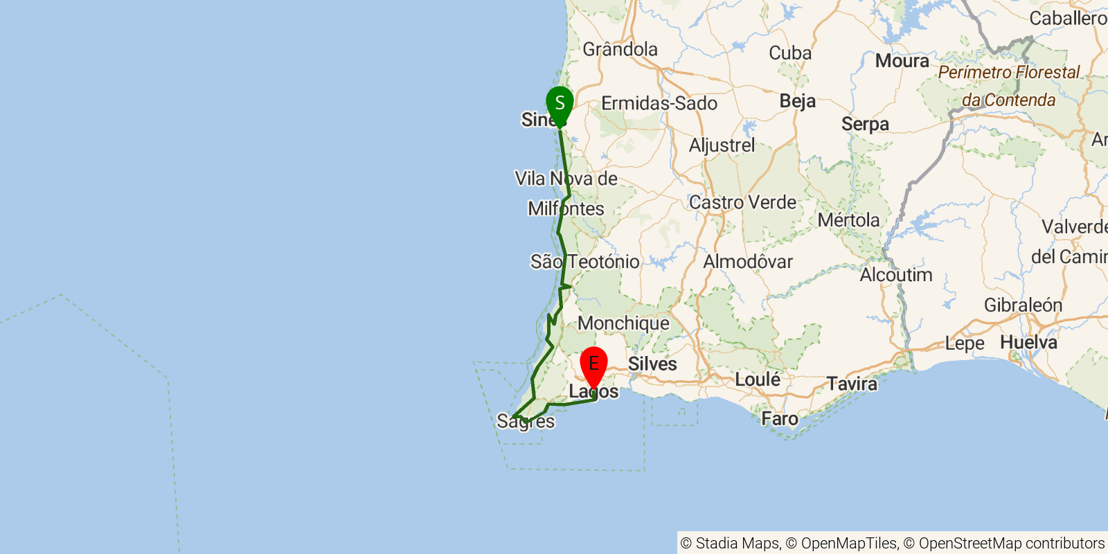 Route map of the Rota Vicentina – Fishermen's Trail on OpenStreetMap terrain