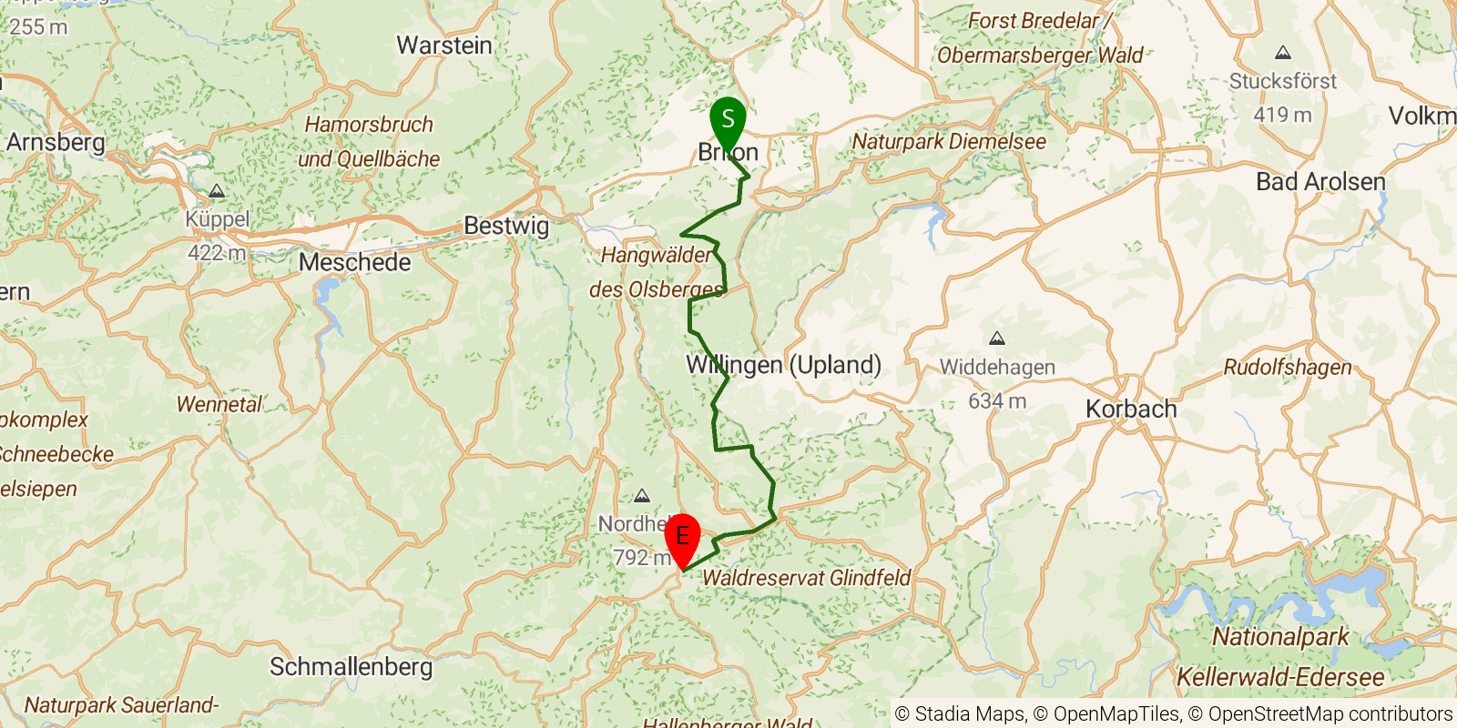 Route map of the Rothaarsteig — Stages 1–2: Brilon to Winterberg on OpenStreetMap terrain