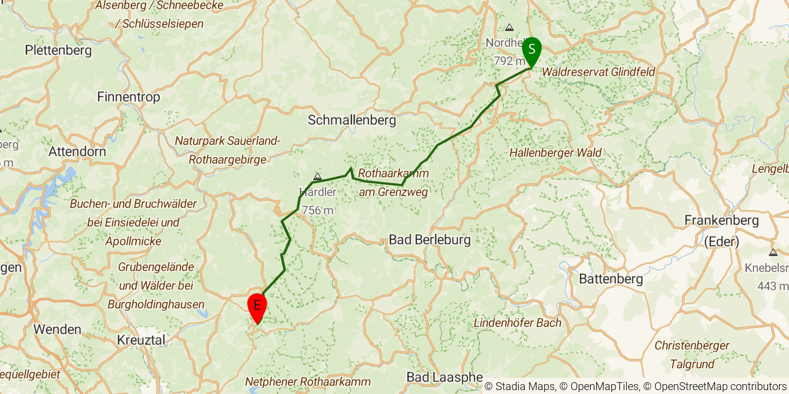 Route map of the Rothaarsteig — Stages 3–5: Winterberg to Ginsberger Heide on OpenStreetMap terrain