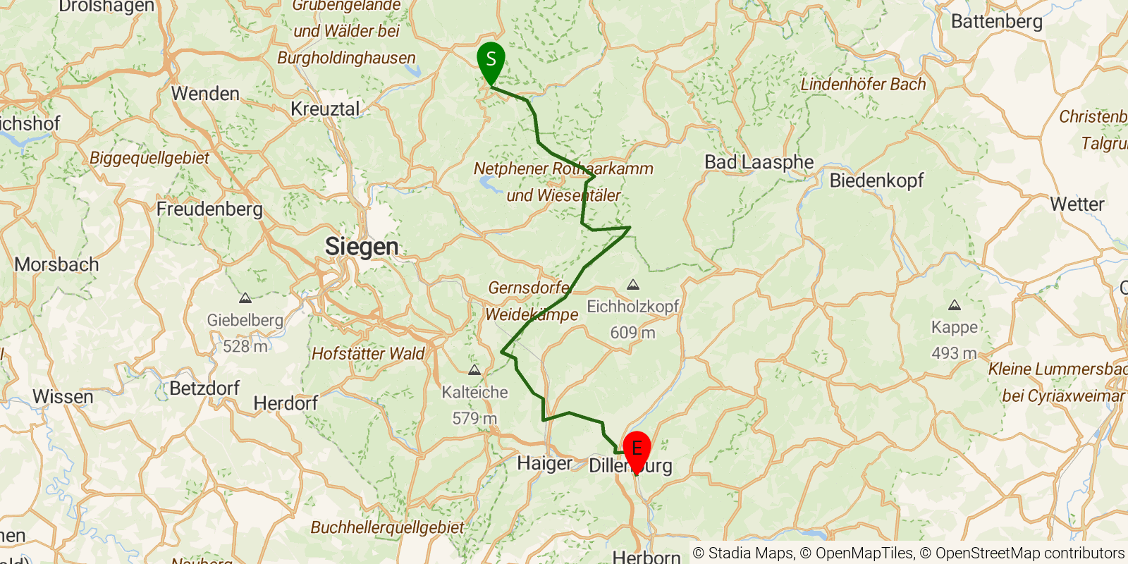 Route map of the Rothaarsteig — Stages 6–8: Ginsberger Heide to Dillenburg on OpenStreetMap terrain