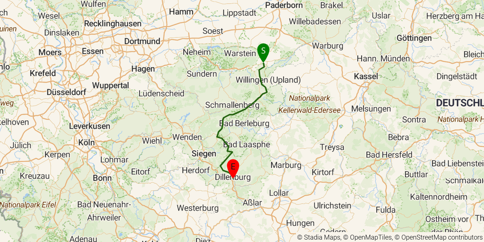 Route map of the Rothaarsteig on OpenStreetMap terrain