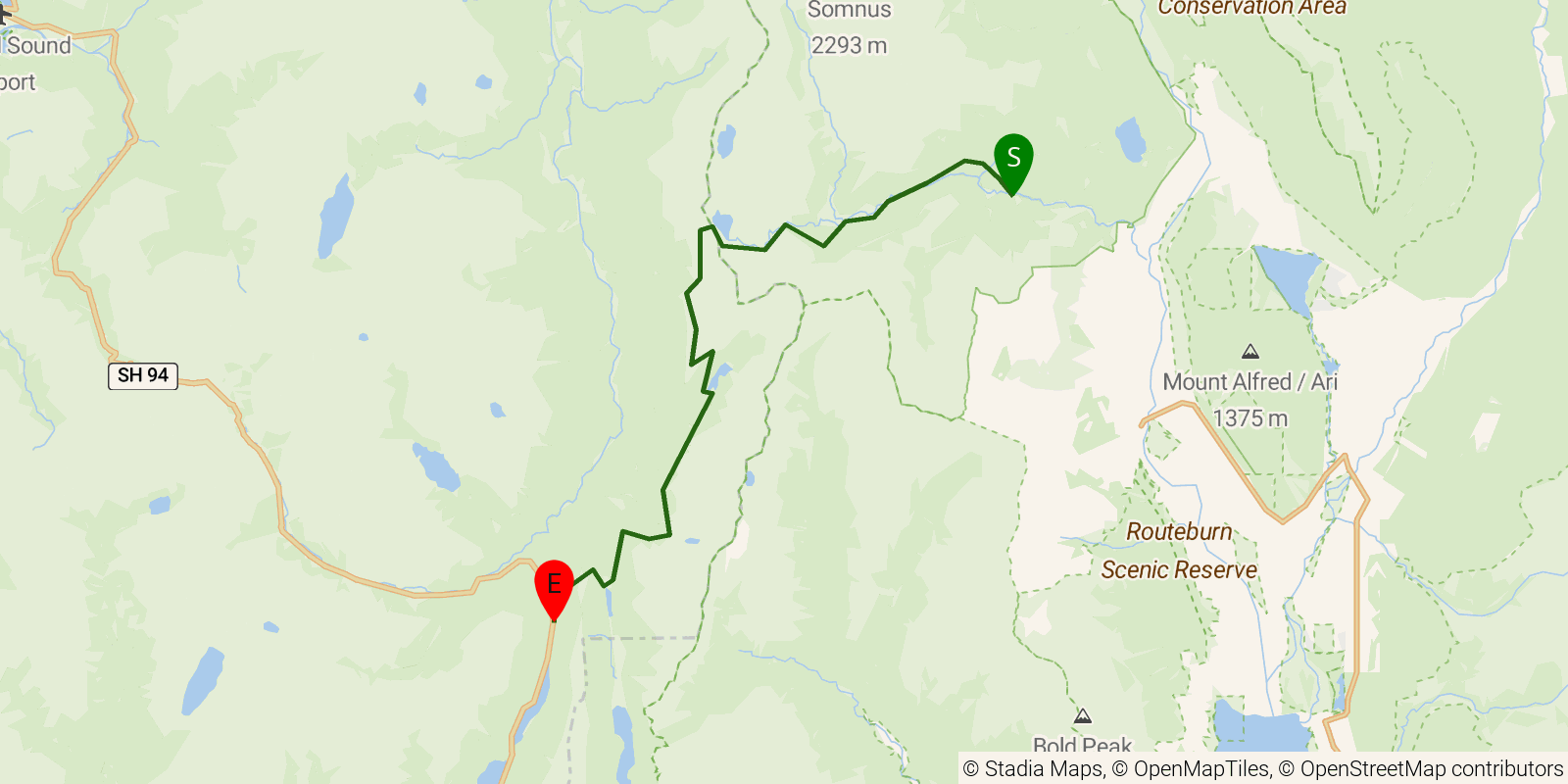 Route map of the Routeburn Track on OpenStreetMap terrain