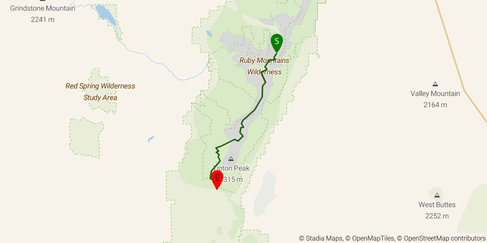 Route map of the Ruby Crest National Recreation Trail on OpenStreetMap terrain