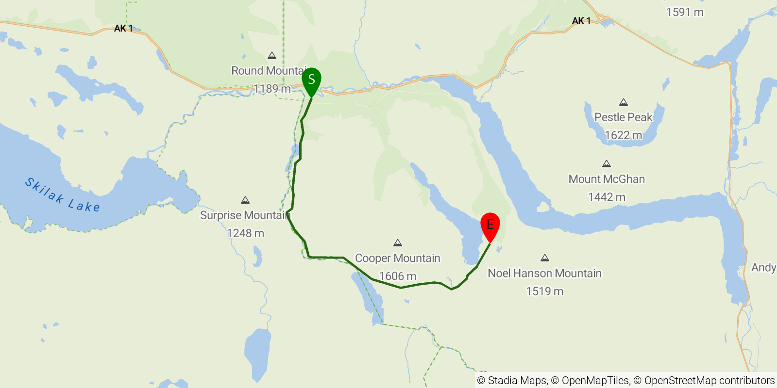 Route map of the Russian Lakes Trail on OpenStreetMap terrain